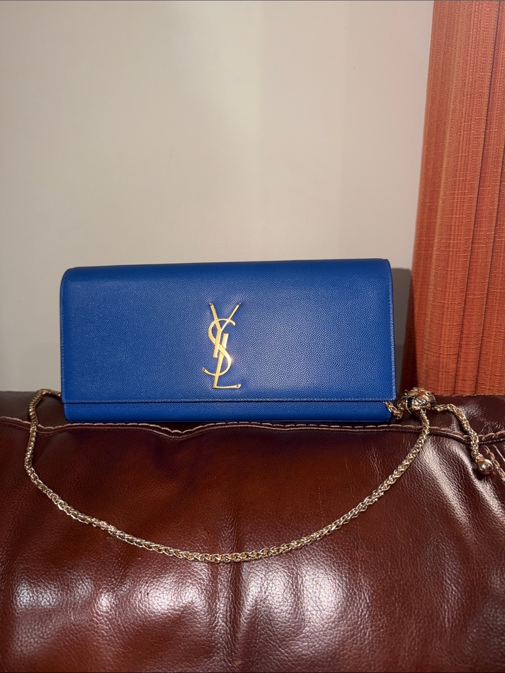 ‼️Authentic YSL Saint Laurent Blue Leather Kate Long Clutch Bag